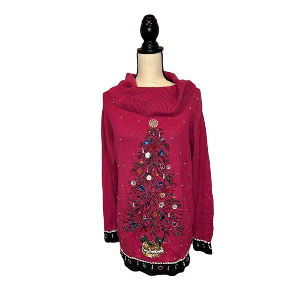 Vintage BP Design Not Ugly Christmas Tree Sweater Size Ladies XL Beaded Pink - Picture 2 of 6